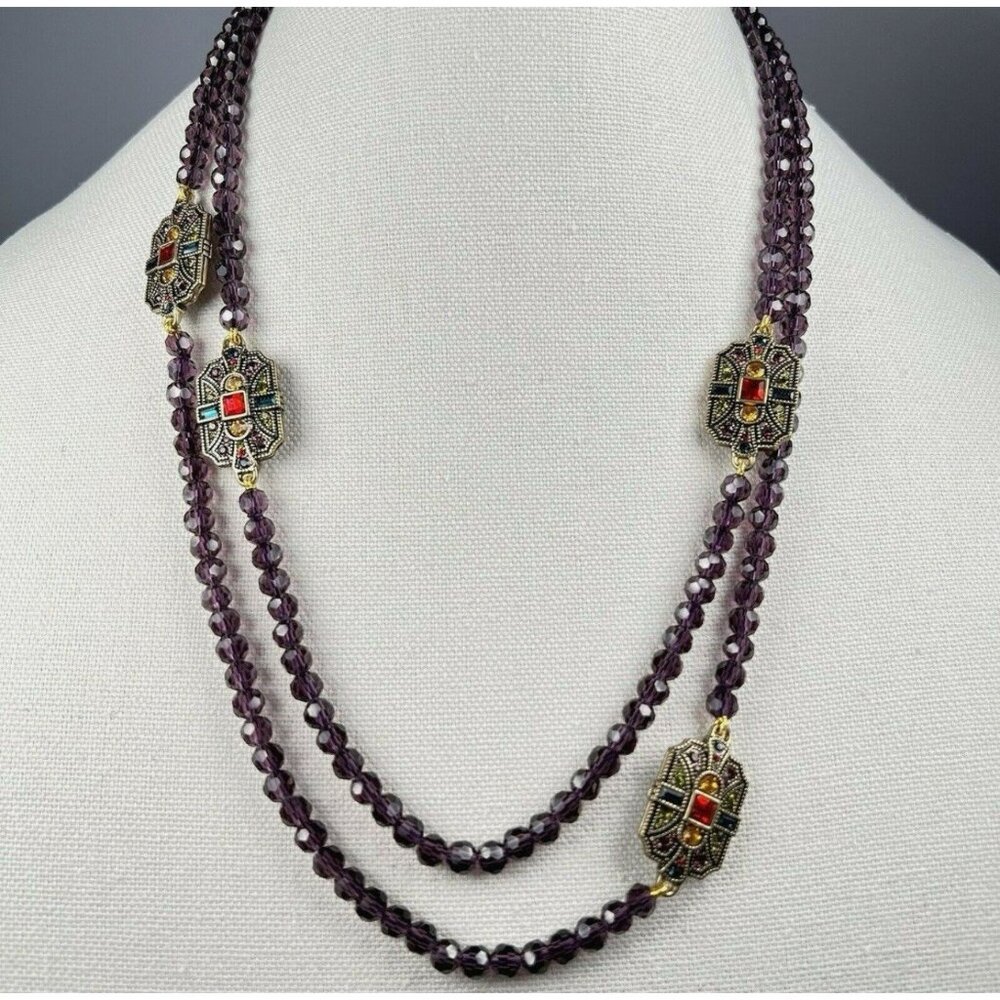 Art Deco Style Purple Faceted Glass Beaded Long Station Necklace Toggle Clasp 48